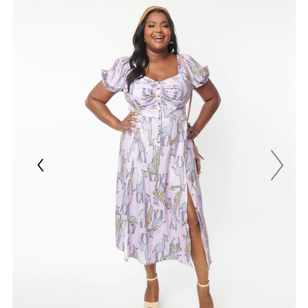 New with tags Unique Vintage purple and giraffe print midi dress size 16 1x